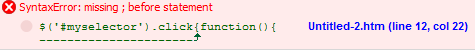 Firebug console screenshot showing the location and description of a jQuery syntax error