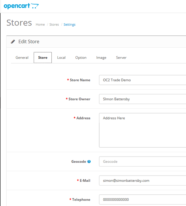 Screenshot of Opencart store configuration screen