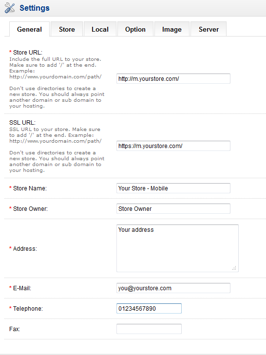 Screenshot of Opencart store configuration screen